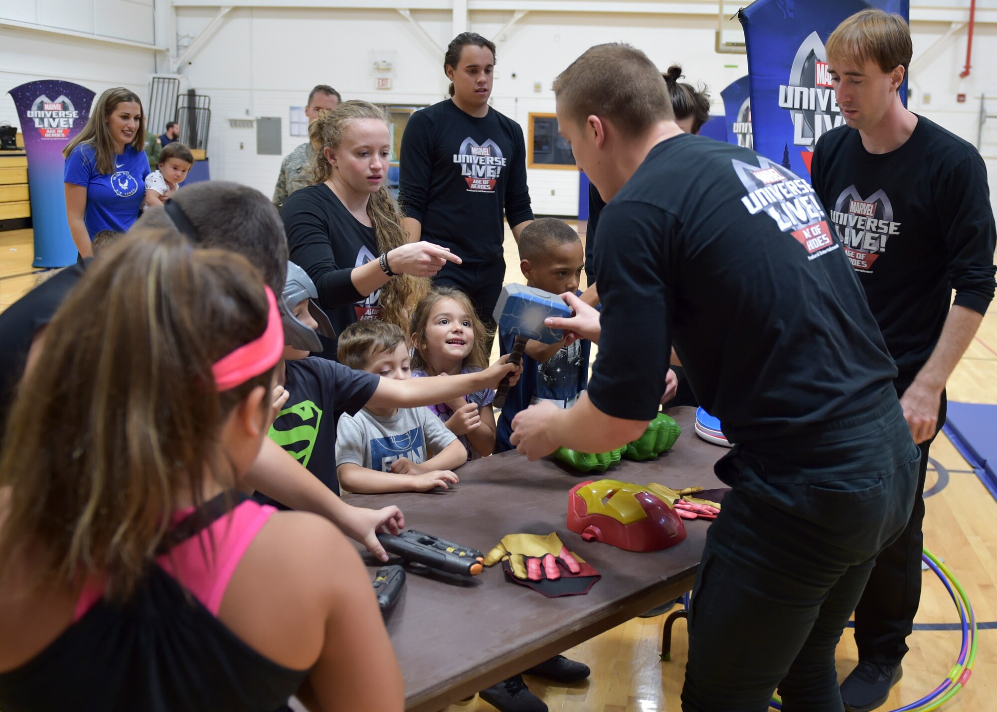 The USO of Northern Ohio and Feld Entertainment, producers of Marvel Universe LIVE!, gave children of 910th Airlift Wing Reserve Citizen Airmen a taste of what it’s like to be a superhero on Oct. 10, 2018, in the fitness center at Youngstown Air Reserve Station.