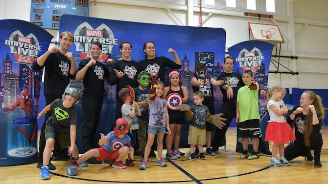 The USO of Northern Ohio and Feld Entertainment, producers of Marvel Universe LIVE!, gave children of 910th Airlift Wing Reserve Citizen Airmen a taste of what it’s like to be a superhero on Oct. 10, 2018, in the fitness center at Youngstown Air Reserve Station.