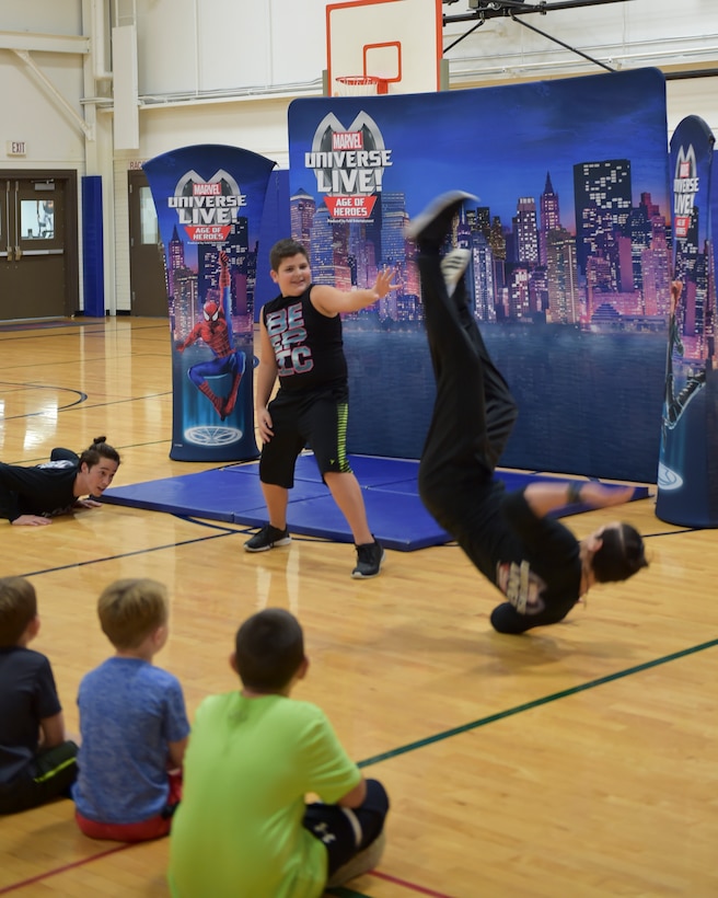 The USO of Northern Ohio and Feld Entertainment, producers of Marvel Universe LIVE!, gave children of 910th Airlift Wing Reserve Citizen Airmen a taste of what it’s like to be a superhero on Oct. 10, 2018, in the fitness center at Youngstown Air Reserve Station.