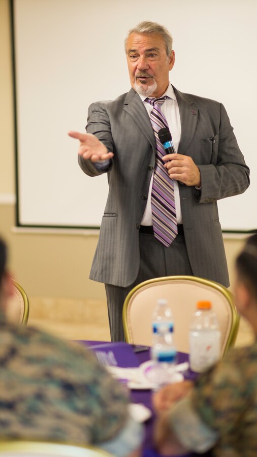 Victor Rivers, advocate against domestic violence, interacts with Marines and civilian employees of Marine Corps Logistics Base Barstow, after his presentation of "A Private Family Matter" aboard MCLB Barstow, Calif., Oct. 4.
(U.S. Marine Corps Photo by Jack J. Adamyk)