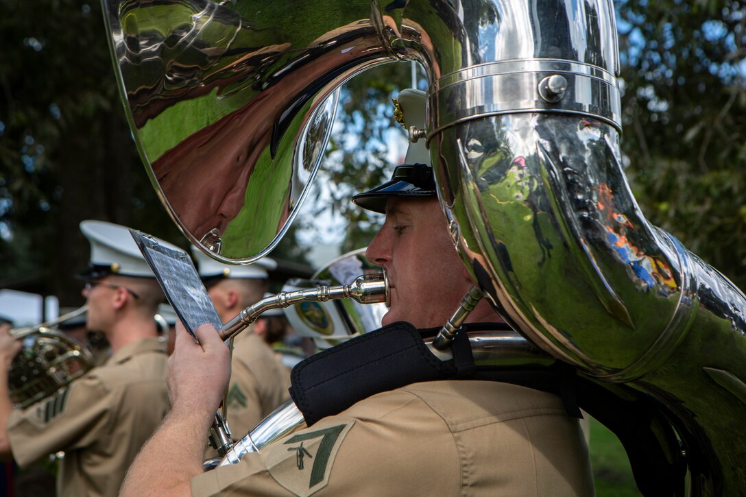 Lance Cpl. Mitchell Bernier, a tuba instrumentalist with the Marine Forces Reserve Band,  performs during the Algiers Festival 2018 in Federal City, New Orleans, Oct. 6, 2018. The band performed to show their support towards the New Orleans community and kicked off the Algiers Festival 2018. (U.S. Marine Corps photo by Cpl, Andy O. Martinez)