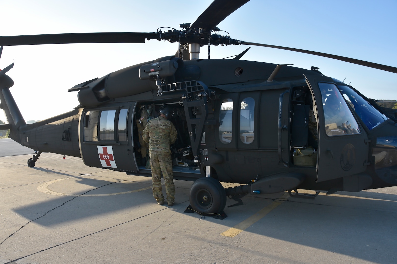 Approximately two dozen Soldiers assigned to medevac units at the Wisconsin National Guard's Army Aviation Support Facility 1 in West Bend, Wis., prep UH-60 Black Hawk helicopters Sept. 14, 20128, for movement to Maryland in response to Hurricane Florence, where the crews will remain in a standby status to be available in the event that civil authorities request their services. Crews are enroute to Florida now for Hurricane Michael relief.