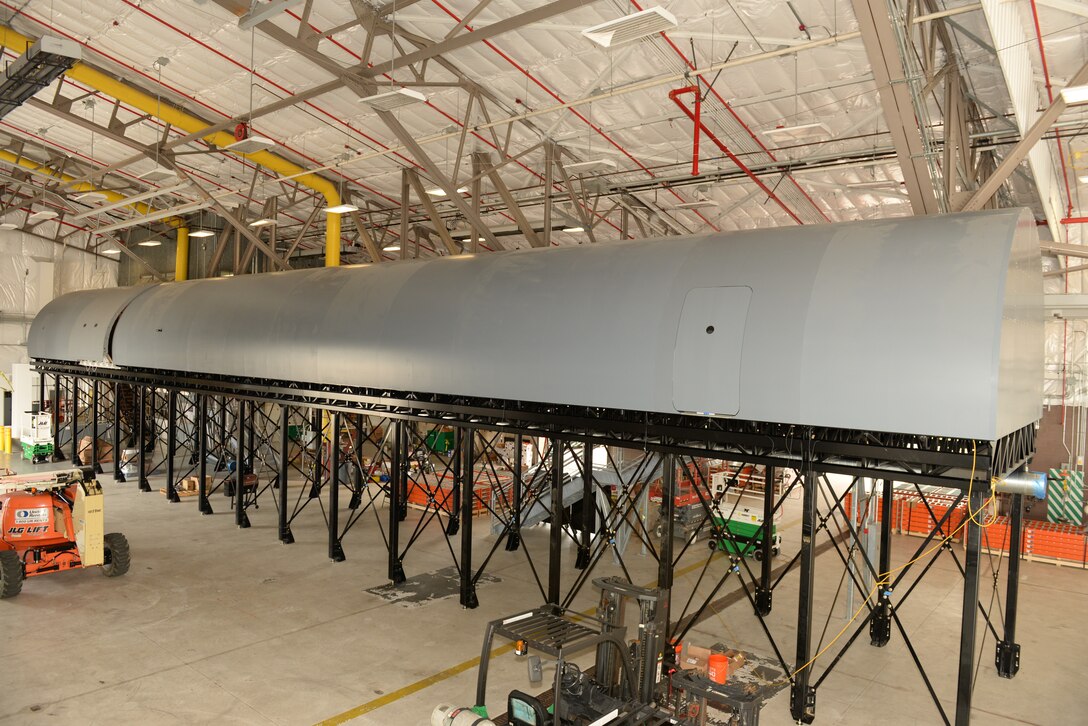 Installation of the KC-46A Fuselage Trainer or FuT, is nearing completion and will be ready to train aircrews starting Dec. 5, at Pease Air National Guard Base, Sept. 17, 2018. The FuT will primarily be used for training aircrews in preparation for working in the KC-46A airframe. (Photo by Master Sgt. Thomas Johnson, 157th ARW Public Affairs)