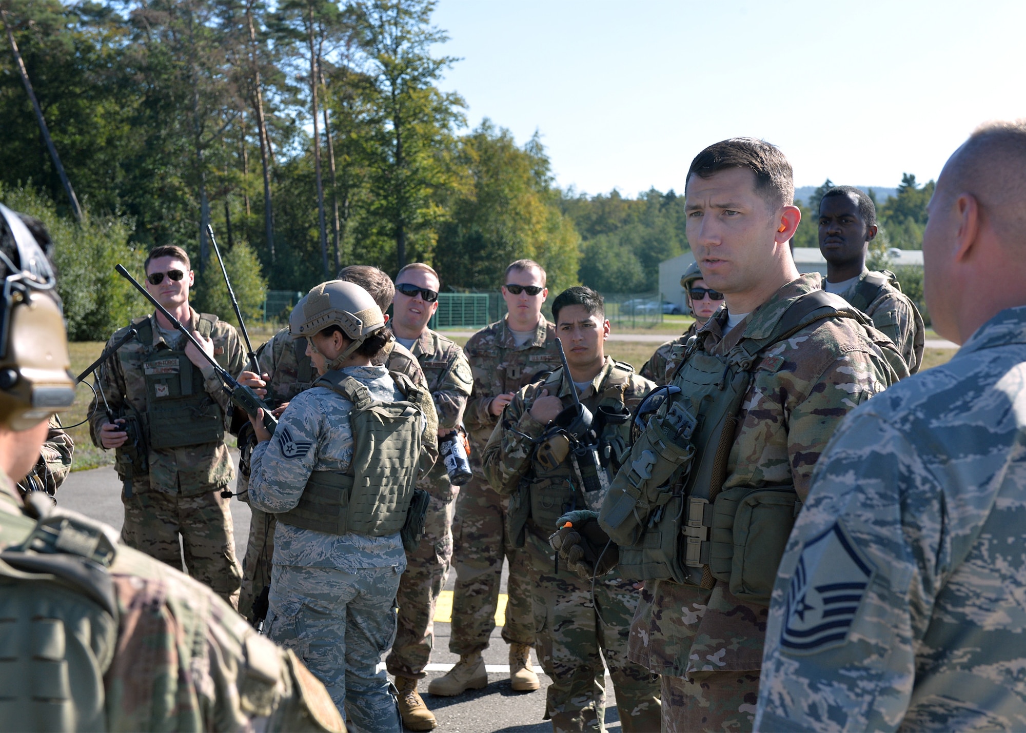 U.S. Air Force Tech. Sgt. Jayson Lyons, 435 Contingency Response Squadron operations, readiness, and training flight chief, briefs Airmen on operations and safety for exercise Temperate Ace on Ramstein Air Base, Germany, Oct. 4, 2018. During the exercise, Airmen performed a “hot refuel” where an aircraft is refueled while the engines run to demonstrate the ability to support strike packages with the least amount of equipment and personnel. (U.S. Air Force photo by Staff Sgt. Jimmie D. Pike)