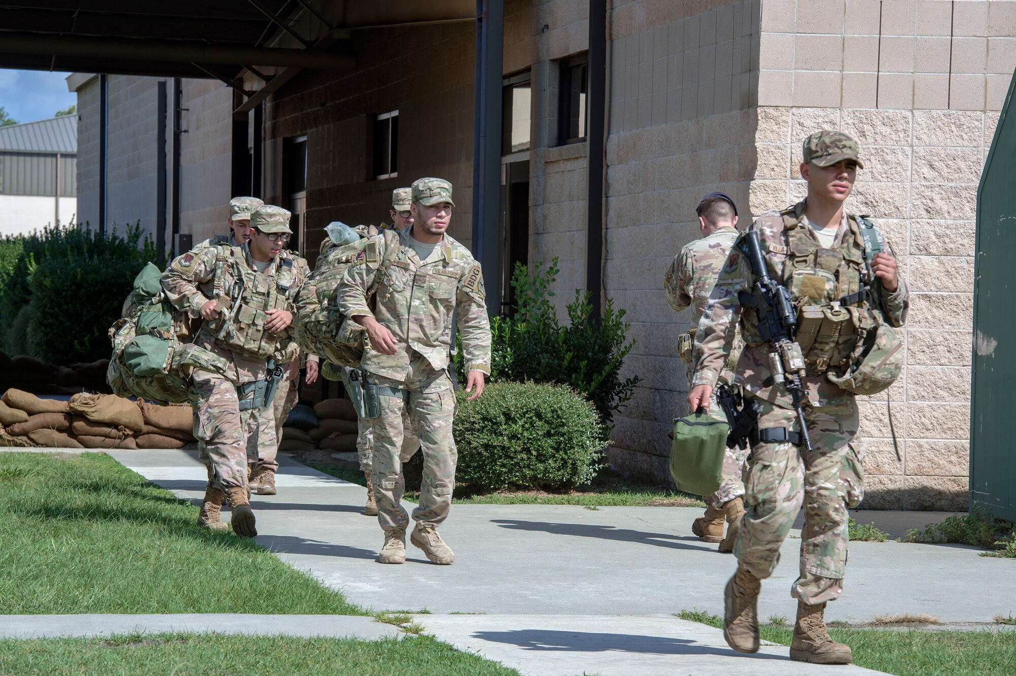 Defenders from the 822d Base Defense Squadron prepare to depart Moody Air Force Base, Ga., to provide base security at Tyndall AFB, Fla., during Hurricane Michael recovery efforts, Oct. 11, 2018. Moody’s ‘Safeside’ defenders will secure the area as Tyndall’s Ride Out Element conducts damage assessments during the aftermath. Since Oct. 8 and until further notice, Tyndall has been on evacuation notice. (U.S. Air Force photo by Senior Airman Greg Nash)