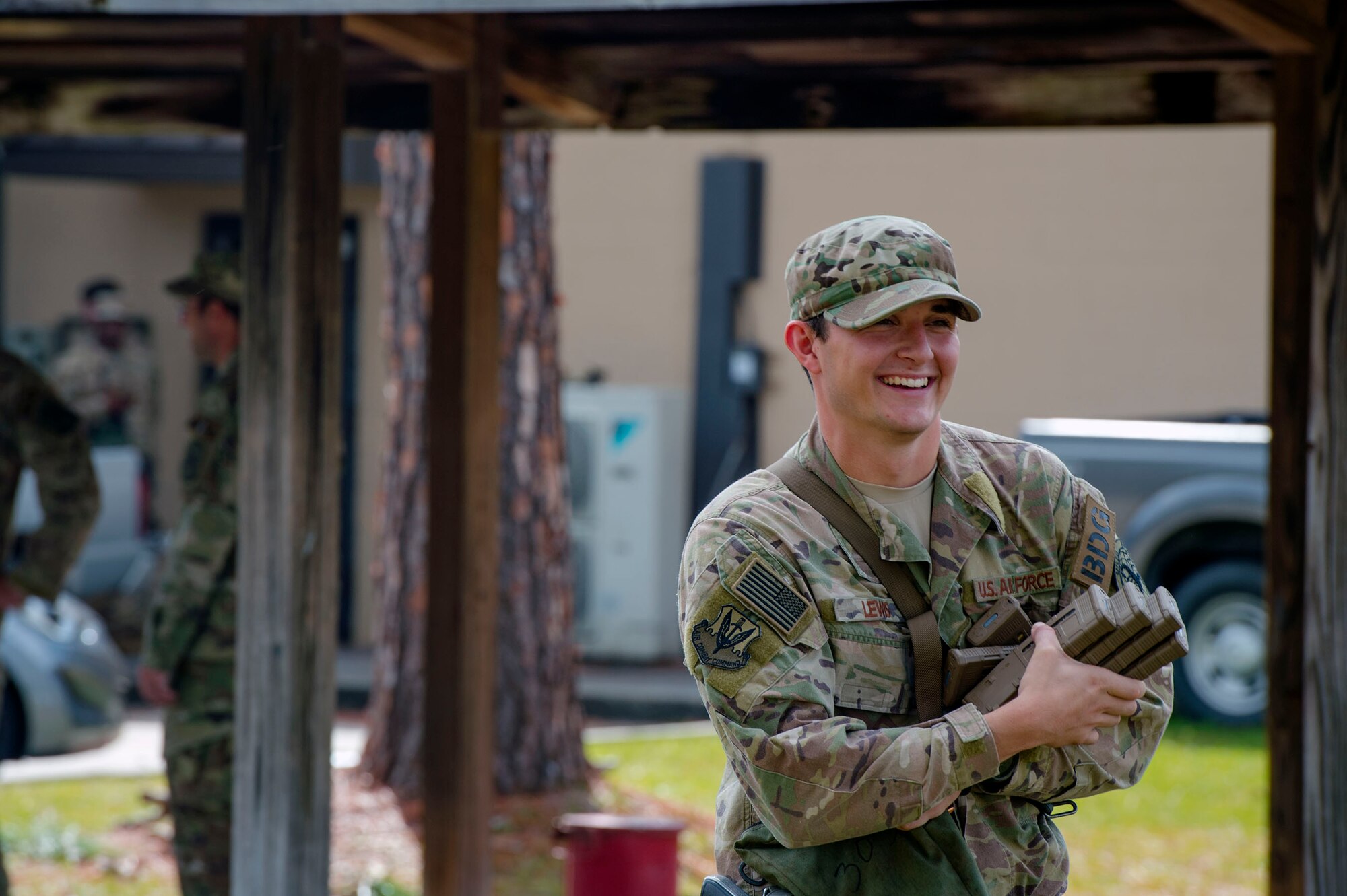 Senior Airman Jeffrey Lewis, 822d Base Defense Squadron fireteam leader, transports M-4 magazines prior to departing Moody Air Force Base, Ga., to provide base security at Tyndall AFB, Fla., during Hurricane Michael recovery efforts, Oct. 11, 2018. Moody’s ‘Safeside’ defenders will secure the area as Tyndall’s Ride Out Element conducts damage assessments during the aftermath. Since Oct. 8 and until further notice, Tyndall has been on evacuation notice. (U.S. Air Force photo by Senior Airman Greg Nash)