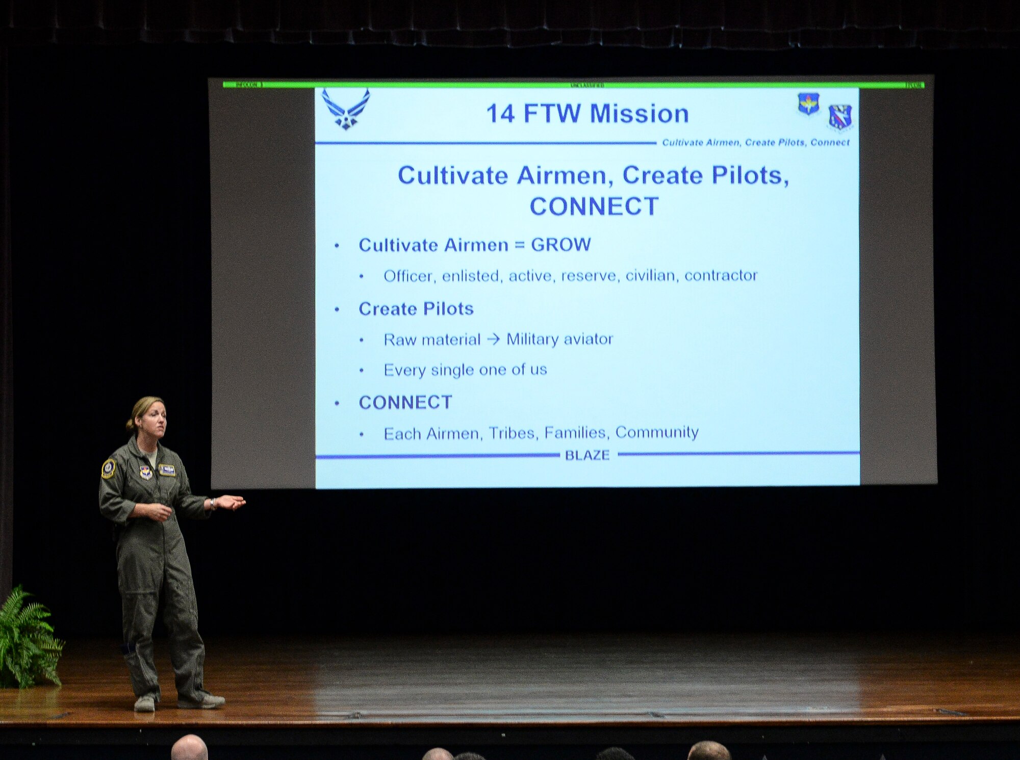 Col. Samantha Weeks, 14th Flying Training Wing commander, talks with the audience during the wing’s all call, Oct. 5, 2018, at the Kaye Auditorium on Columbus Air Force Base, Mississippi. Weeks discussed what’s important to her and what she believed everyone can use and improve on. (U.S. Air Force photo by Airman Hannah Bean)