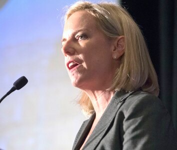 Department of Homeland Security Secretary Kirstjen Nielsen addresses the audience prior to a panel discussion with Army leaders on the importance of unity of effort in disaster response, Oct. 9, 2018 at the Association of the U.S. Army's annual meeting.