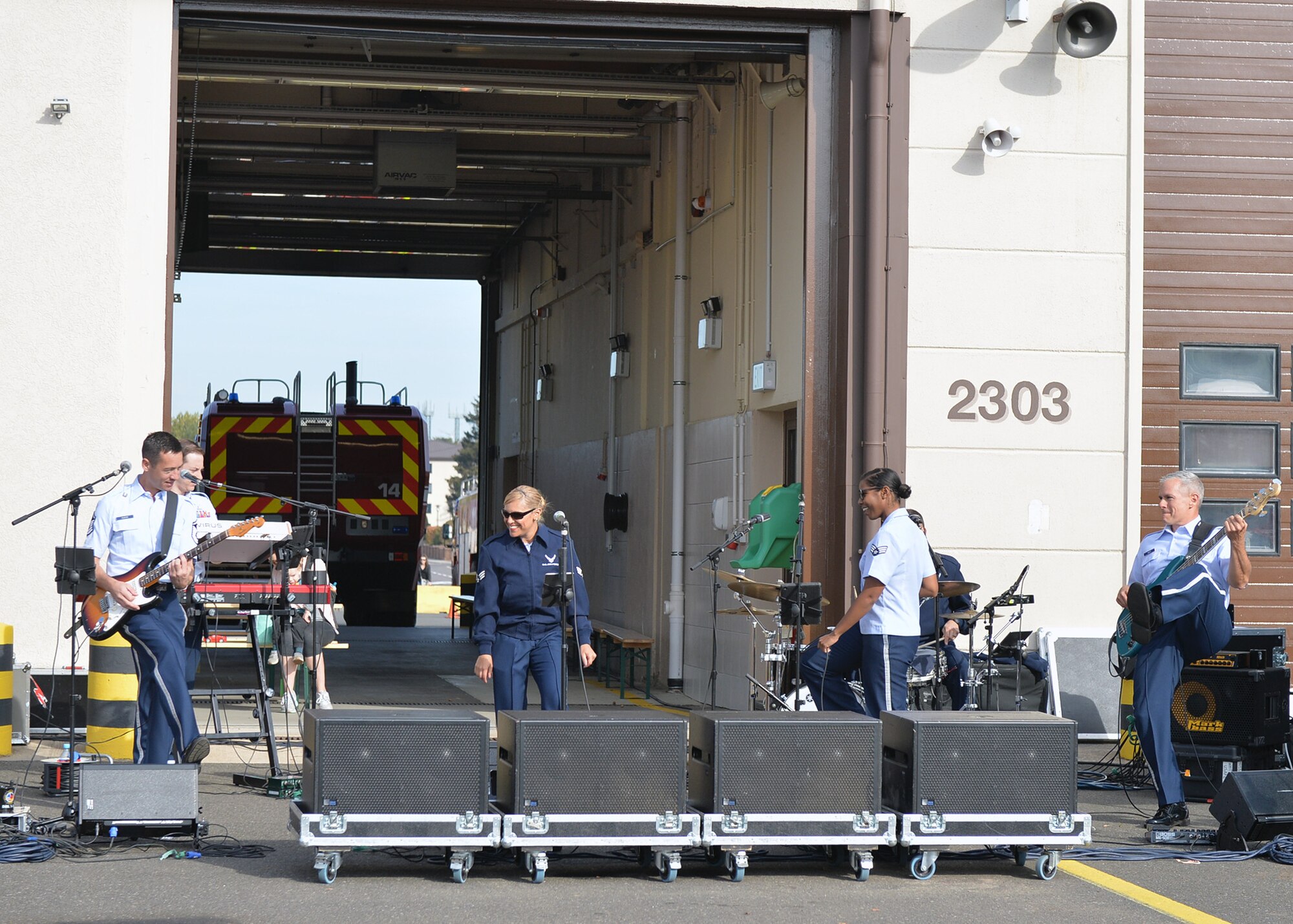 Airmen from the U.S. Air Forces in Europe Band, Touch n’ Go, perform at Fire Station 1 on Ramstein Air Base, Germany, Oct. 6, 2018. The band played during the fire department’s open house for Fire Prevention Week. (U.S. Air Force photo by Staff Sgt. Jimmie D. Pike)