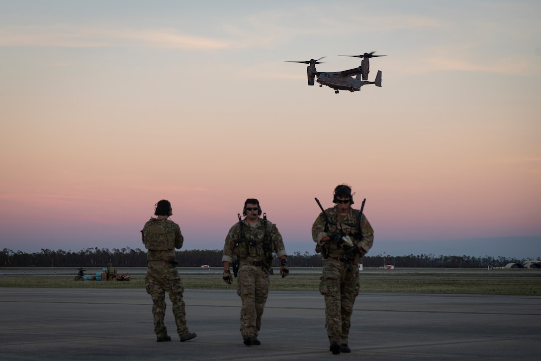 U.S. Air Force Special Tactics Airmen with the 23rd Special Tactics Squadron access Tyndall Air Force Base’s airfield, Florida, Oct. 11, 2018.
