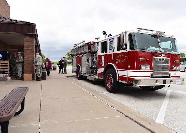 During the week, Fire and Emergency Services members shared fire safety and prevention information around base. Sparky and Smokey visited Whiteman Elementary School, the Youth Center and the Base Exchange to teach the three Ls: