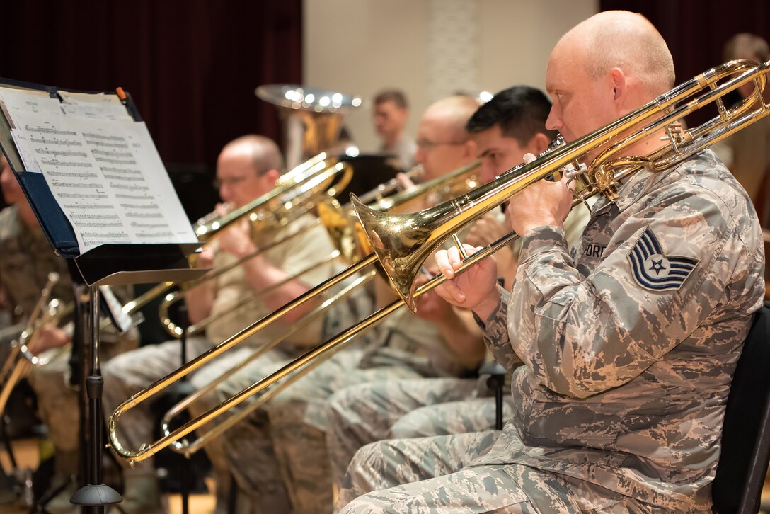 The trombone section during rehearsal for the 2018 Fall Tour
