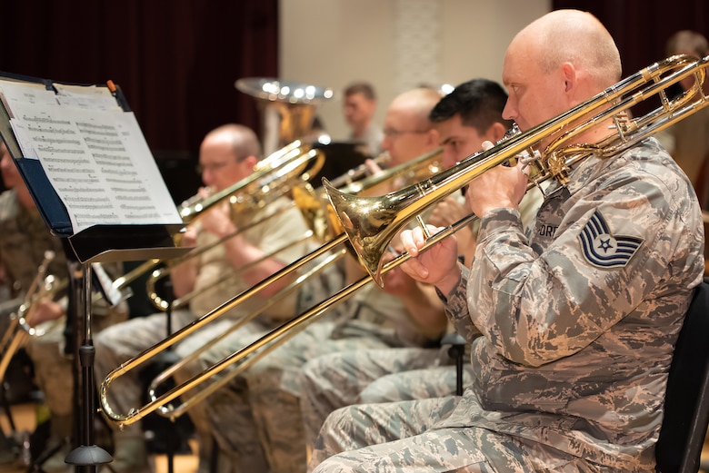 The trombone section during rehearsal for the 2018 Fall Tour