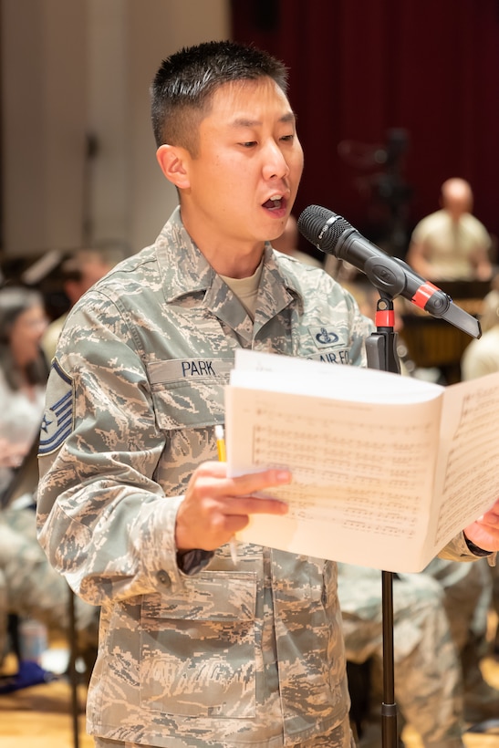 Master Sgt. Ben Park rehearses with the Concert Band in preparation for the 2018 Fall tour