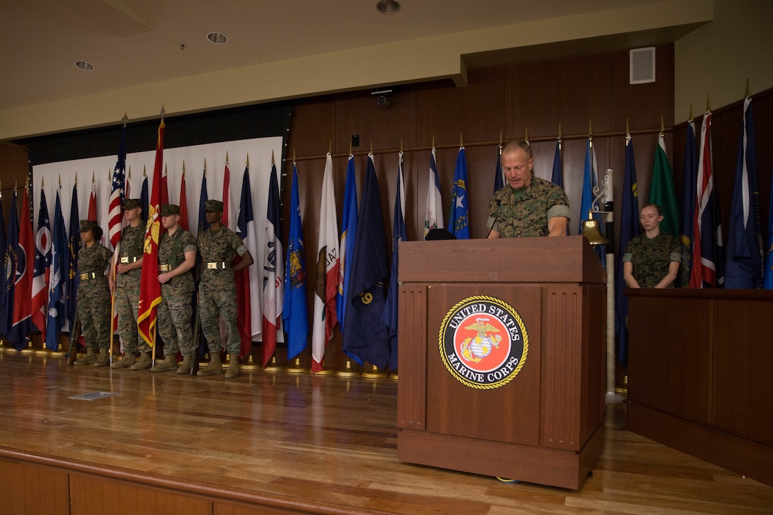 Maj. Gen. Burke W. Whitman, commander of Marine Forces Reserve and Marine Forces North, speaks to the Marine and Sailors that attend the Navy Birthday Cake Cutting Ceremony at Marine Corps Support Facility New Orleans, La., Oct. 12, 2018. Marines and sailors with Marine Corps Support Facility honor and celebrate the Navy’s 243rd Birthday with a traditional cake cutting ceremony. (U.S. Marine Corps photo by Lance Cpl. Samantha Schwoch/released)