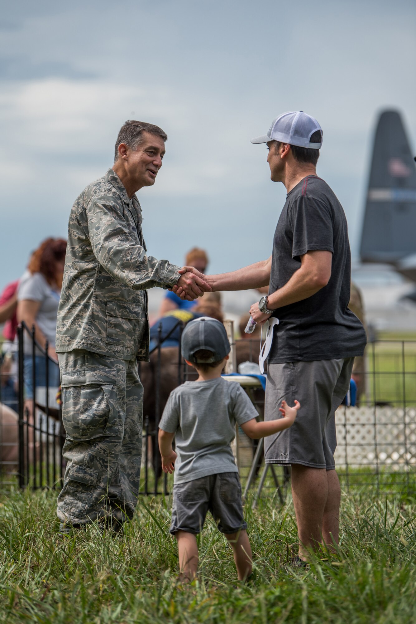 Brig. Gen. Warren Hurst, Kentucky’s assistant adjutant general for Air, greets Airmen and their family members during the 123rd Airlift Wing’s Family Day at the Kentucky Air National Guard Base in Louisville, Ky., Sept. 16, 2018. The event, which was sponsored by the Airman and Family Readiness Office and the Key Volunteer Group, featured a car show, a static-display C-130 Hercules aircraft and several other activities. (U.S. Air National Guard Photo by Staff Sgt. Joshua Horton)