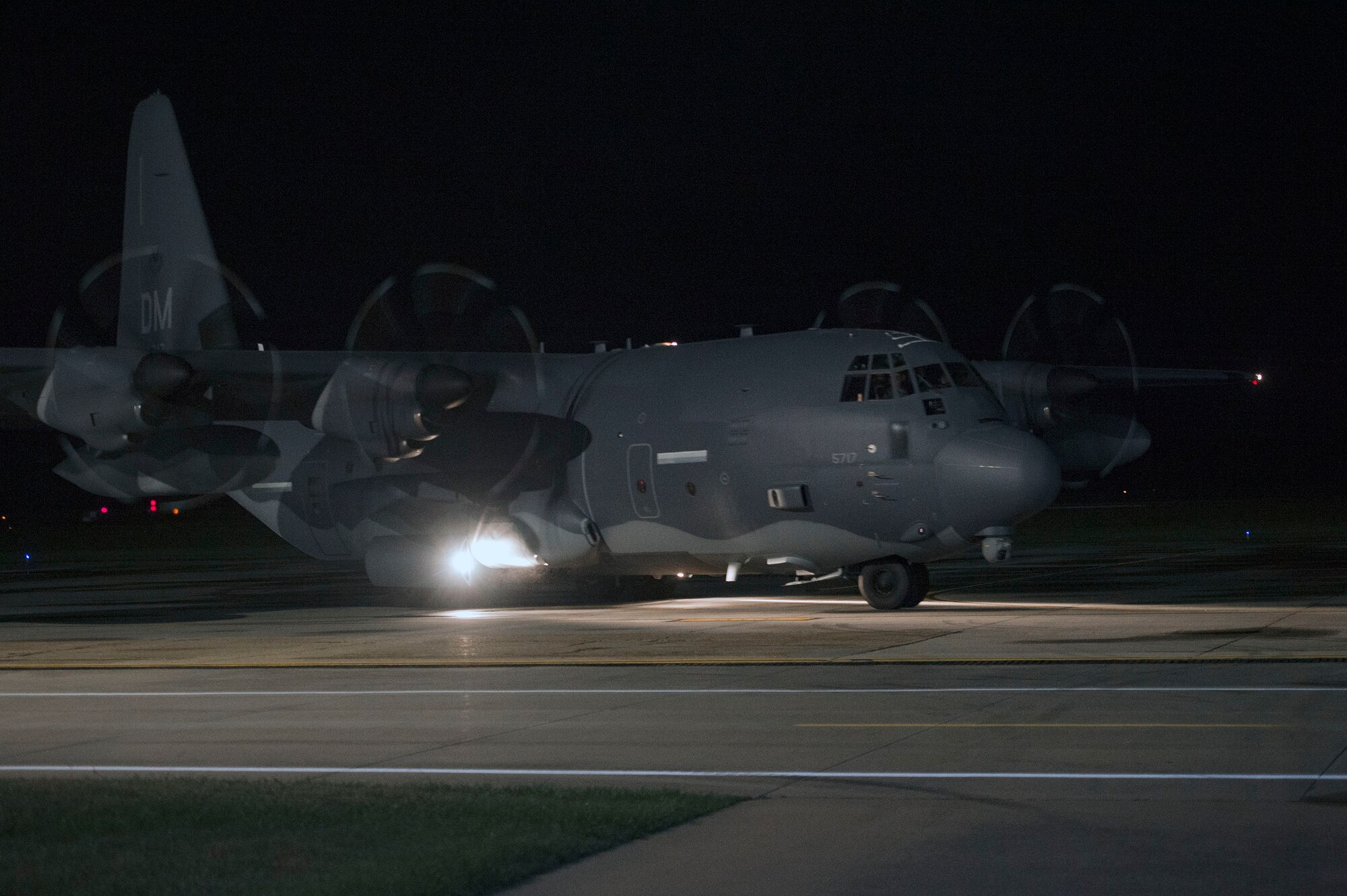 An HC-130J Combat II taxis on the runway carrying 41st Rescue Squadron (RQS) personnel returning from a deployment, Oct. 9, 2018, at Moody Air Force Base, Ga.  While deployed, the 41st RQS and the 41st Helicopter Maintenance Unit provided combat search and rescue capabilities and maintenance operations in a forward location. (U.S. Air Force photo by Senior Airman Greg Nash)