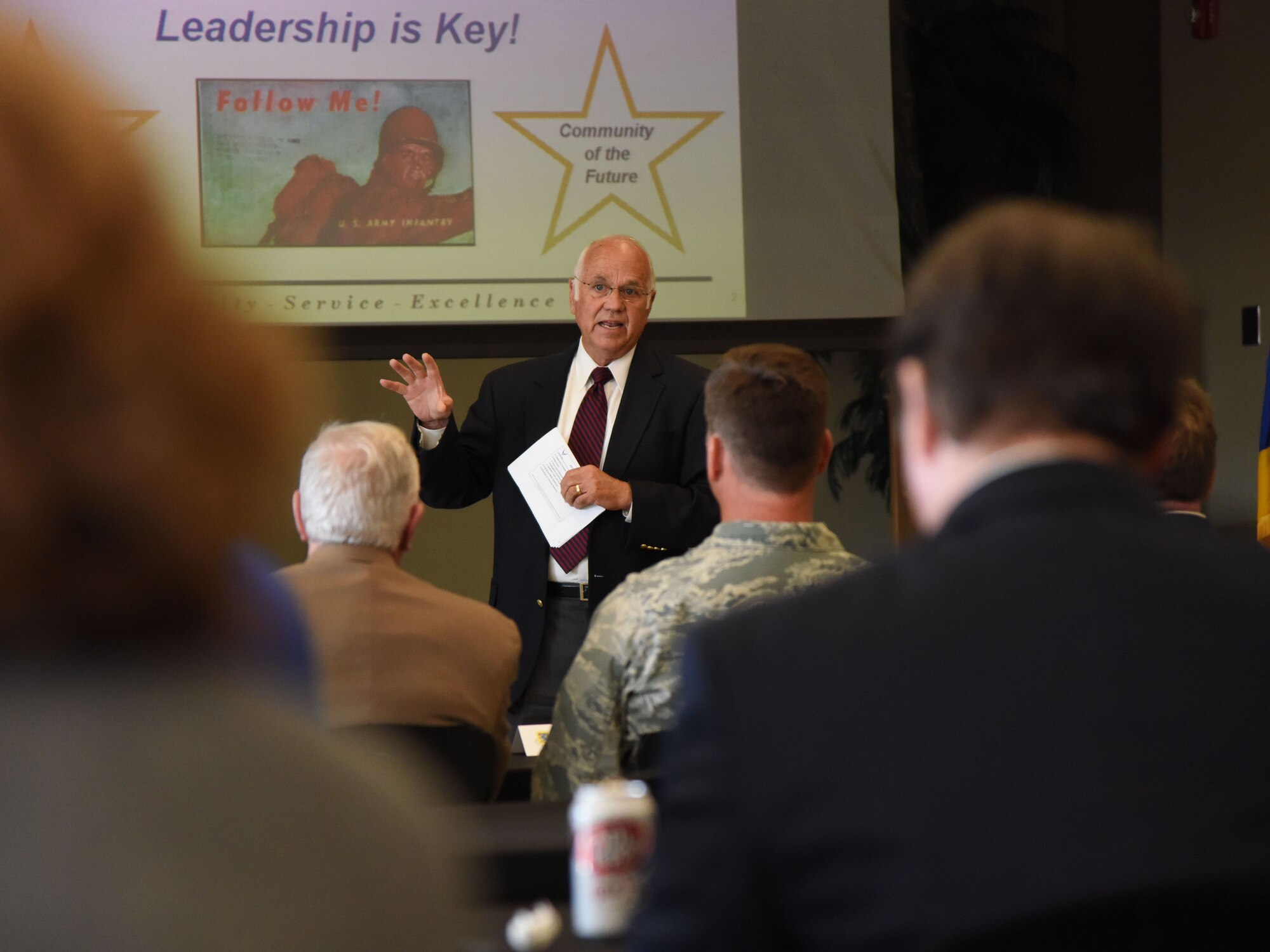 U.S. Army retired Col. Fred Meurer delivers a briefing to Keesler and community leaders during the Keesler/Mississippi Gulf Coast Community Partnership Workshop at the Salvation Army Kroc Center in Biloxi, Mississippi, Oct. 10, 2018. The program is part of a larger Air Force Public-Public, Public-Private initiative to encourage installations and local communities to combine or improve resources or operating processes. Mississippi representatives from state and local communities and various civic leaders attended the event. (U.S. Air Force photo by Kemberly Groue)