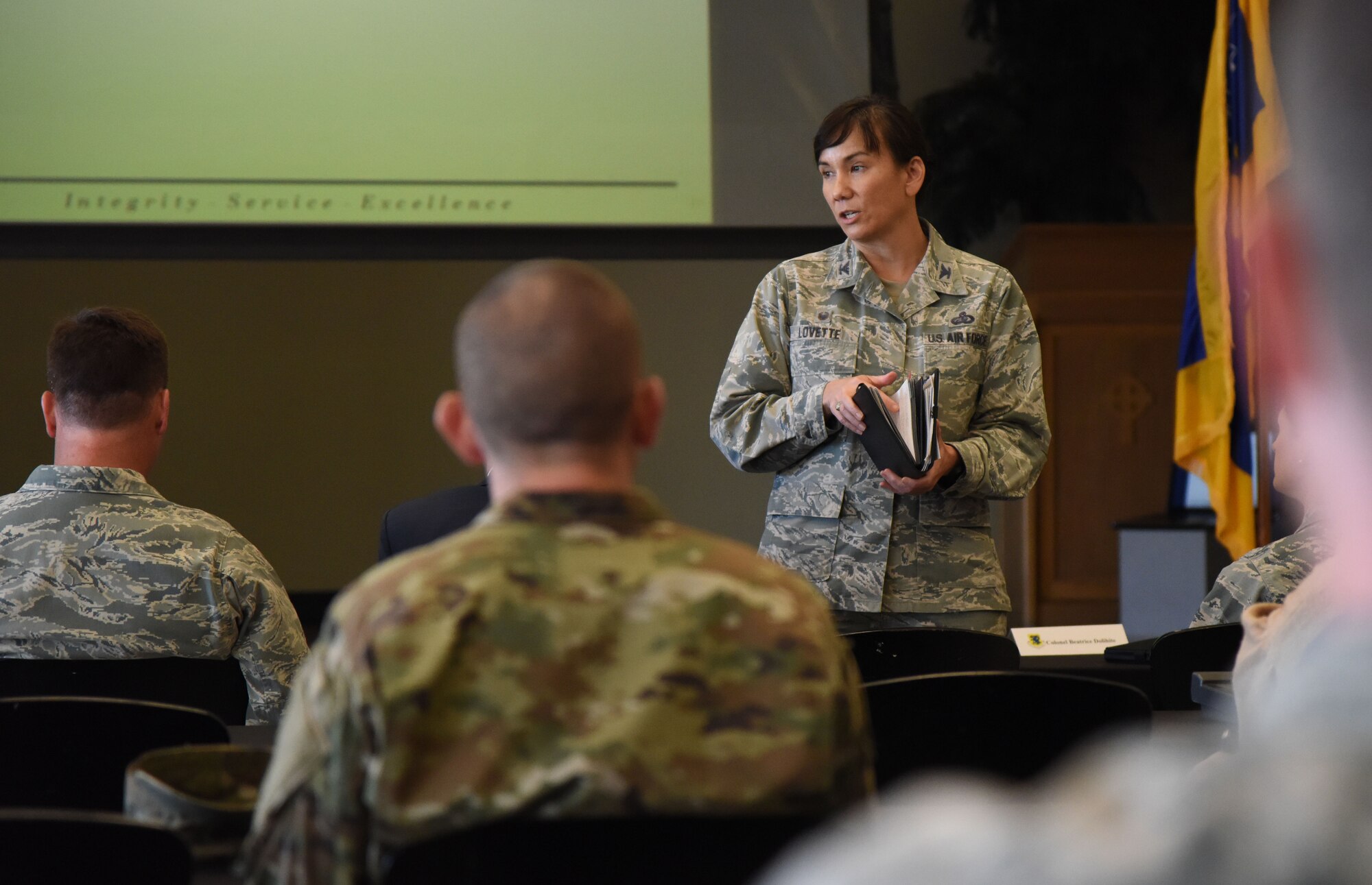 U.S. Air Force Col. Debra Lovette, 81st Training Wing commander, delivers remarks to Keesler and community leaders during the Keesler/Mississippi Gulf Coast Community Partnership Workshop at the Salvation Army Kroc Center in Biloxi, Mississippi, Oct. 10, 2018. The program is part of a larger Air Force Public-Public, Public-Private initiative to encourage installations and local communities to combine or improve resources or operating processes. Mississippi representatives from state and local communities and various civic leaders attended the event. (U.S. Air Force photo by Kemberly Groue)