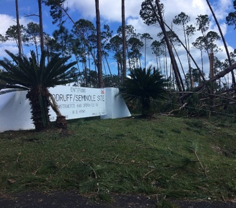 The entrance of the U.S. Army Corps of Engineers Jim Woodruff Lock & Dam project after Hurricane Michael ravaged the area on Oct. 11, 2018, in Lake Seminole, Fla. The project survived the Category 4 storm and is currently providing spillway control. (USACE photo by Matthew Like)