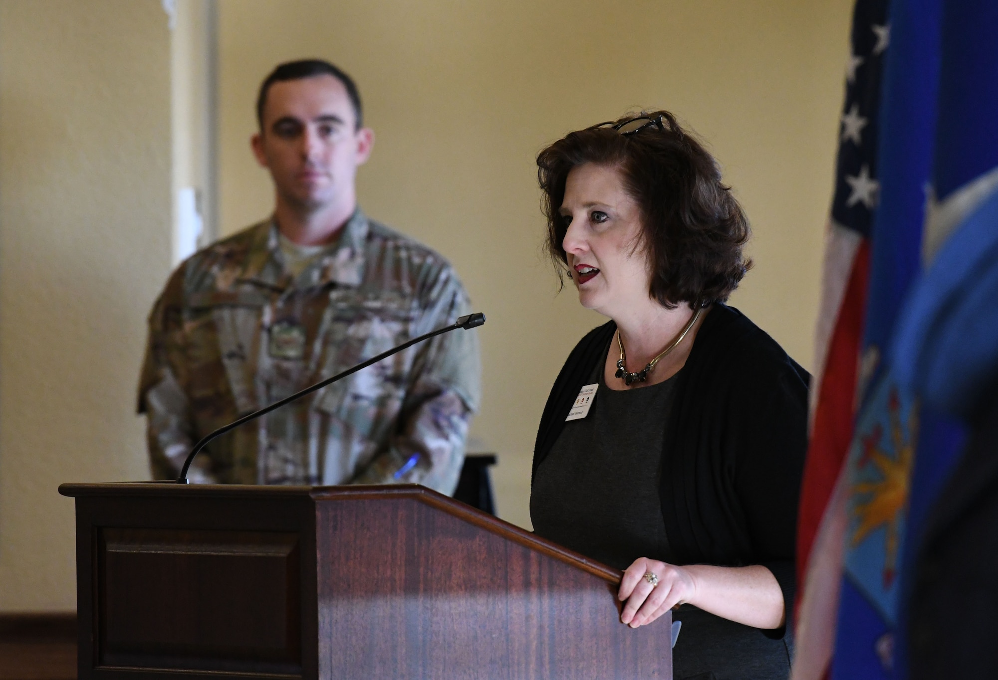 Rachel Seymour, Biloxi Chamber of Commerce director, delivers comments during the Biloxi Chamber Morning Call in the Bay Breeze Event Center at Keesler Air Force Base, Mississippi, Oct. 11, 2018. Local business and community leaders attended the event, hosted by the 81st Training Wing, to learn more about the base’s mission and its Airmen. (U.S. Air Force photo by Kemberly Groue)
