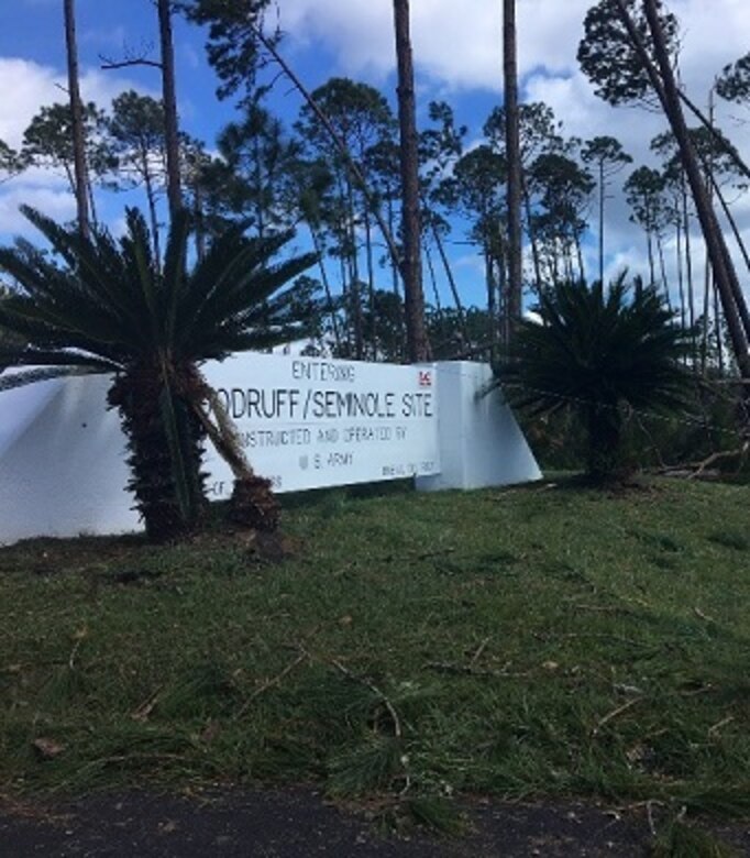 The entrance of the U.S. Army Corps of Engineers Jim Woodruff Lock & Dam project after Hurricane Michael ravaged the area on Oct. 11, 2018, in Lake Seminole, Fla. The project survived the Category 4 storm and is currently providing spillway control.