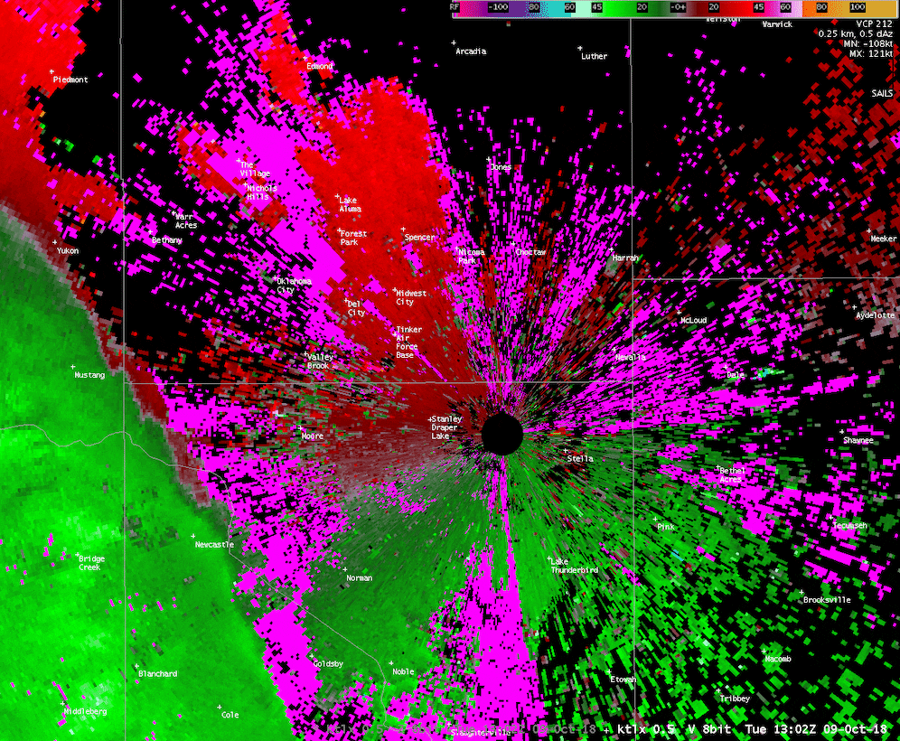 This time lapse radar image highlights the sudden F-1 tornado that touched down near Tinker Tinker Air Force Base at approximately 8:30 a.m. Oct. 9, 2018. (Graphic courtesy of the National Weather Service)
