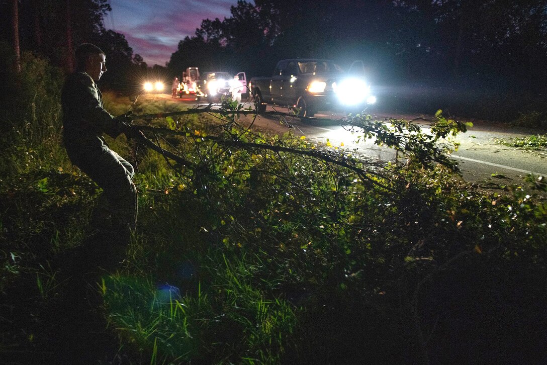 A soldier moves a tree from a highway at night, as vehicles line the roadway.