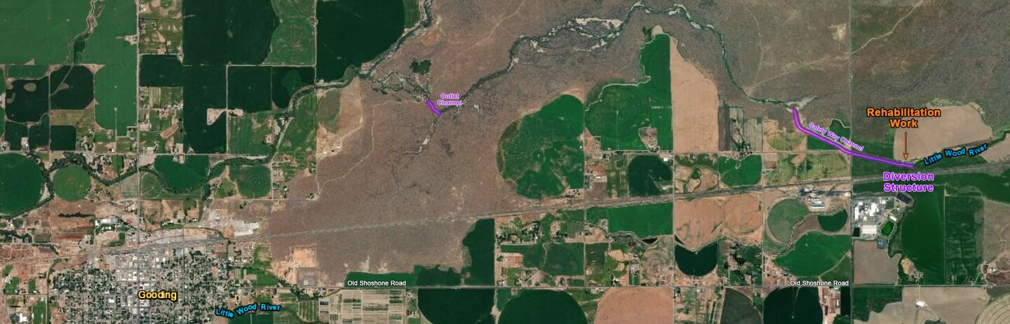 U. S. Army Corps of Engineers contractors plan to begin work Monday, Oct. 15, 2018, to rehabilitate several flood-damaged areas of the Gooding Diversion Flood Reduction Project, located on the Little Wood River in Gooding County, Idaho. The safety way diversion structure and bank channel were damaged by sustained high flows during the 2017 flood season.