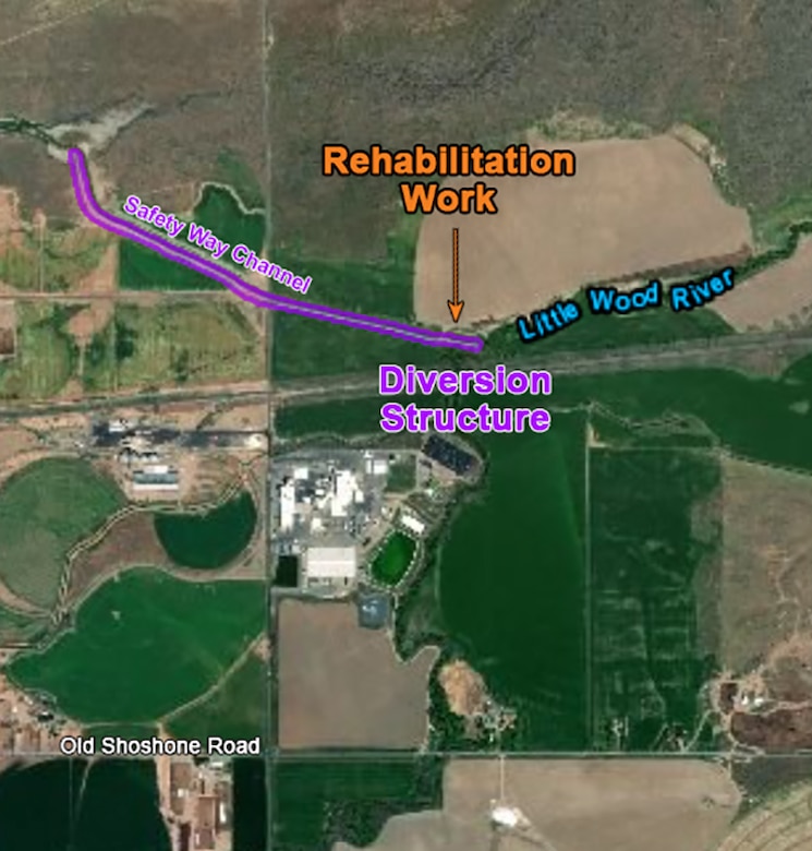 U. S. Army Corps of Engineers contractors plan to begin work Monday, Oct. 15, 2018, to rehabilitate several flood-damaged areas of the Gooding Diversion Flood Reduction Project, located on the Little Wood River in Gooding County, Idaho. The safety way diversion structure and bank channel were damaged by sustained high flows during the 2017 flood season.