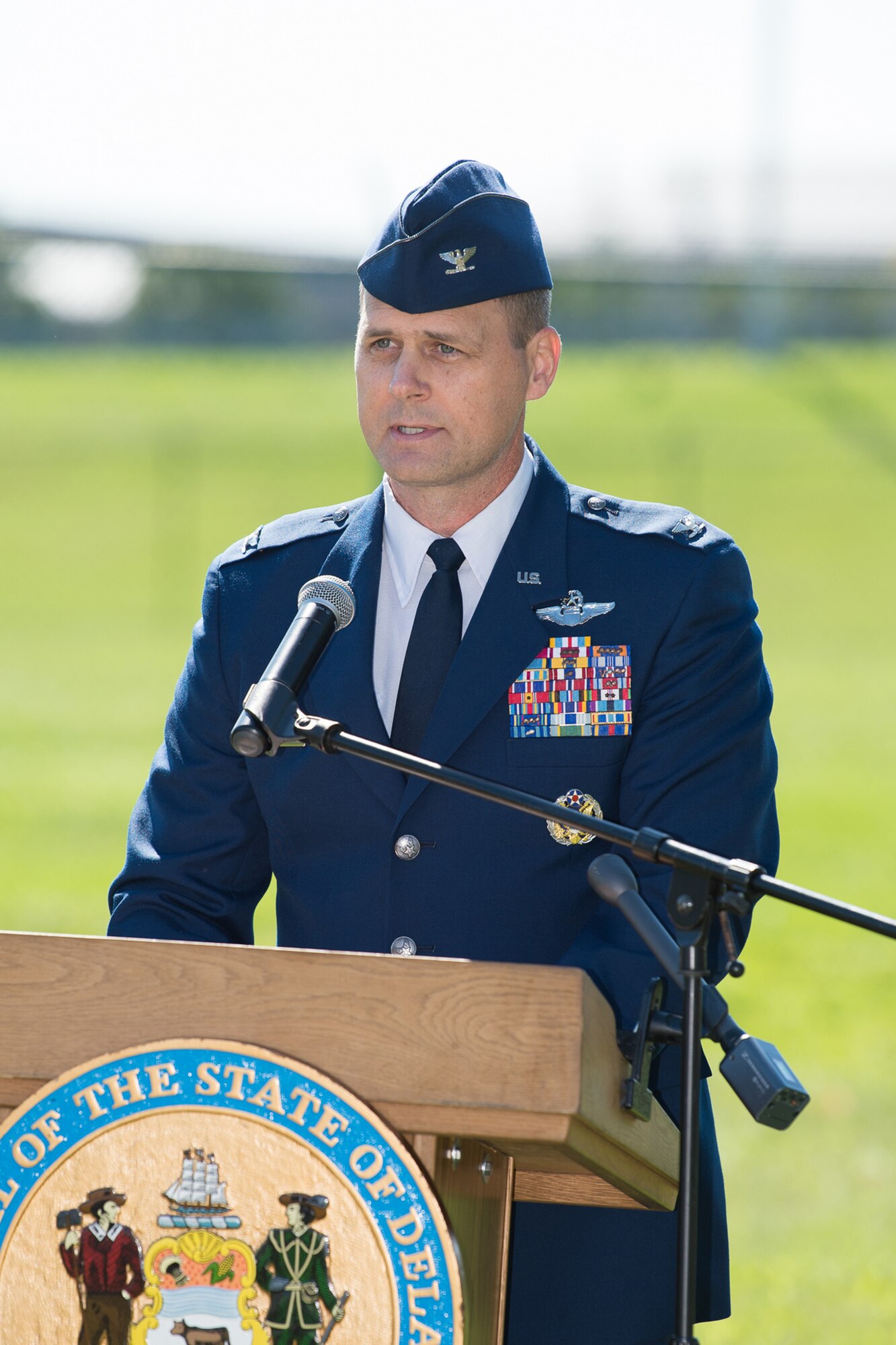 Col. Joel Safranek, Commander of the 436th Airlift Wing speaks at the Senior Airman Elizabeth Loncki bridge dedication ceremony Oct. 12, 2018, at Dover Air Force Base, Del.