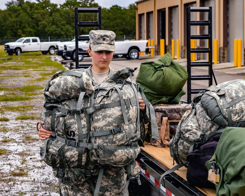 Members of Florida National Guard Chemical, Biological, Radiological and Nuclear Defense Enhanced Response Force Package prepare to help citizens in affected areas prior to landfall of Hurricane Michael at Camp Blanding Joint Training Center near Starke, Florida, Oct. 9, 2018.