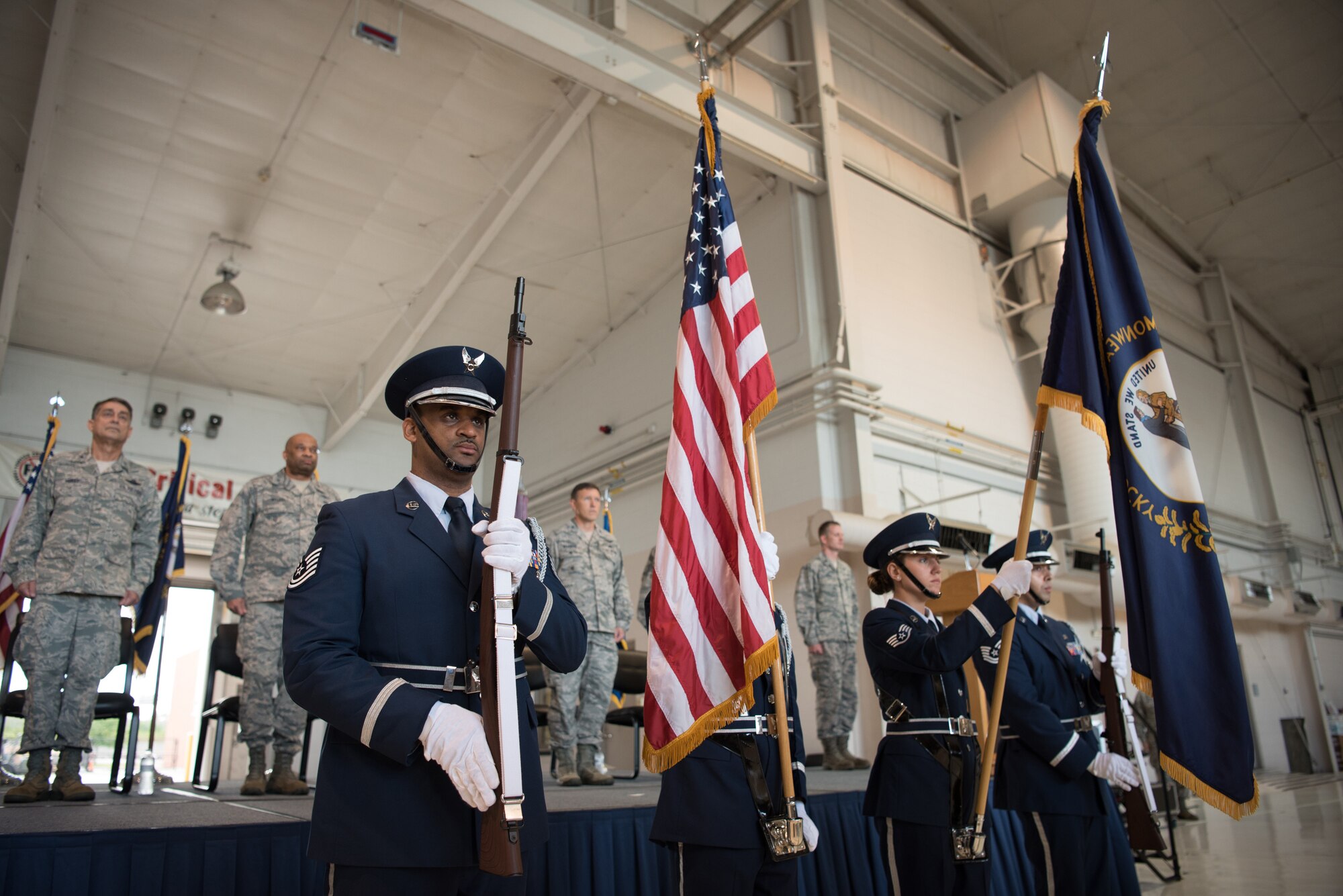 The 123rd Airlift Wing Honor Guard presents the colors during a ceremony at the Kentucky Air National Guard Base in Louisville, Ky., Sept. 16, 2018, celebrating the wing’s accomplishments in the last year. The ceremony concluded with the presentation of the wing’s 17th Outstanding Unit Award, eighth Distinguished Flying Unit Plaque and the 2017 Contingency Response Unit of the Year Award. (U.S. Air National Guard photo by Staff Sgt. Joshua Horton)