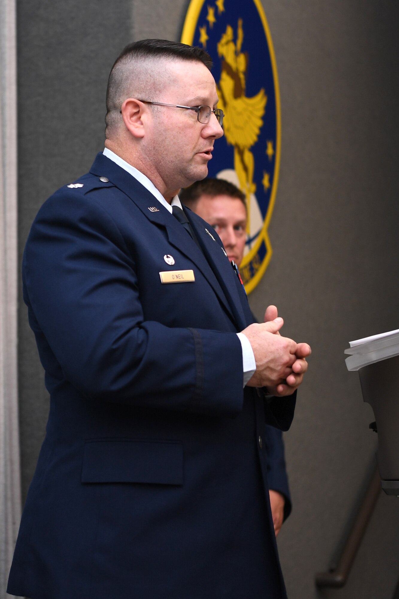 Lt. Col David O’Neil, 434th Communications Squadron commander, addresses the squadron for the first time as commander at Grissom Air Reserve Base, Ind., October 13, 2018. O’Neil came to Grissom after serving as the US Cyber Command Liaison Officer to the US Transportation Command at Scott Air Force Base, Illinois.                                                                                                                                                                      
(U.S. Air Force photo/Staff. Sgt. Courtney Dotson-Essett)