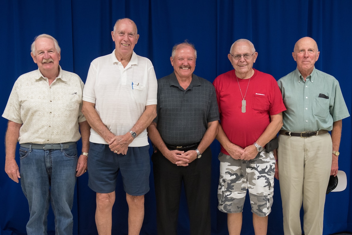 Five former members of the Kentucky Air National Guard attend a ceremony at the Kentucky Air National Guard Base in Louisville, Ky., Sept. 16, 2018,  marking the 50th anniversary of the unit’s call-up for the Pueblo Crisis in 1968. The Airmen, all of whom were federally mobilized for the crisis, are (left to right) former Staff Sgt. Ches Wheeler, retired Master Sgt. Bob Denton, retired Col. Thomas Marks, retired Col. Ed Hornung and retired Master Sgt. Philip Bizzell. (U.S. Air National Guard photo by Master Sgt. Vicky Spesard)