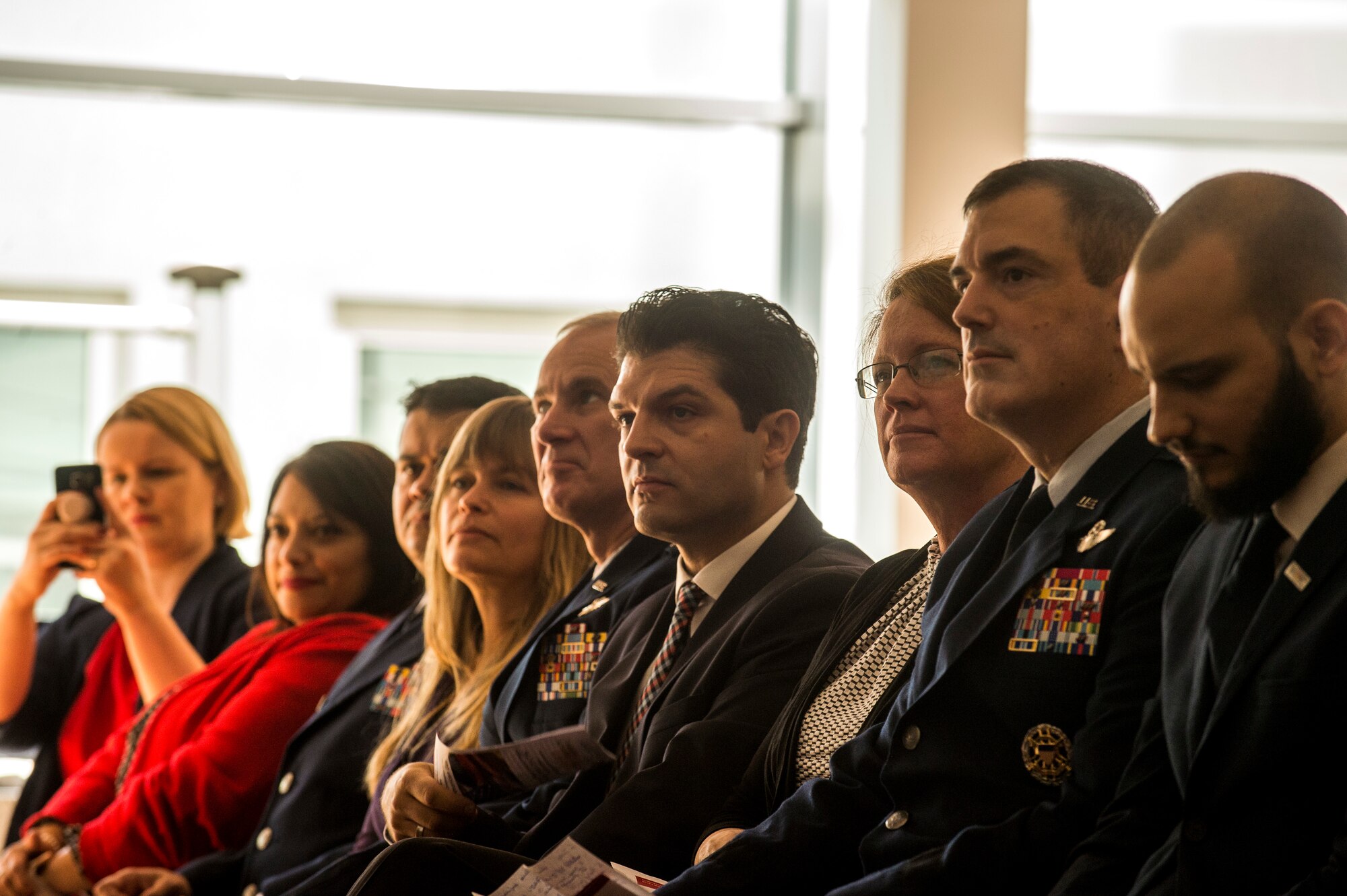 U.S. Air Force Brig Gen. Mark R. August (second from right), 86th Airlift Wing commander, listens to remarks during the 35th Annual German-American Day celebration in Kaiserslautern, Germany, Oct. 6, 2018. Also in attendance were Col. Steven J. Jantz, 435th Air Ground Operations Wing vice commander, and Chief Master Sgt. Ernesto J. Rendon, 86th AW command chief. (U.S. Air Force photo by Staff Sgt. Jonathan Bass)