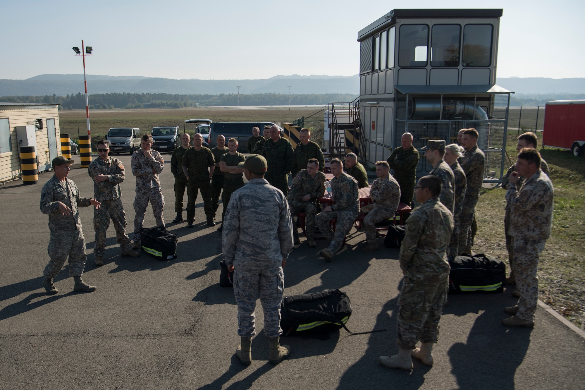 U.S. Air Forces in Europe Fire Academy members assigned to the 435th Construction and Training Squadron hosted a burn training simulation during a USAFE NATO Firefighter partnership course with Latvian and Lithuanian air force firefighters Oct. 10, 2018.