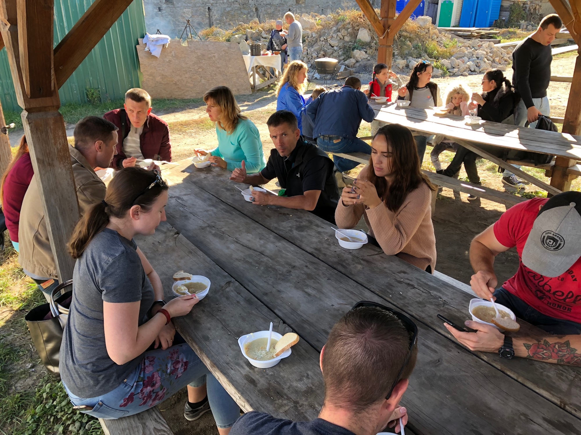 U.S. and Ukrainian airmen visited the Medzhybiz Fortress in Ukraine as part of cultural day activities on Oct. 14, 2018, which included sampling traditional Ukrainian cuisine. (U.S. Air Force photo by Maj. Tristan Hinderliter)