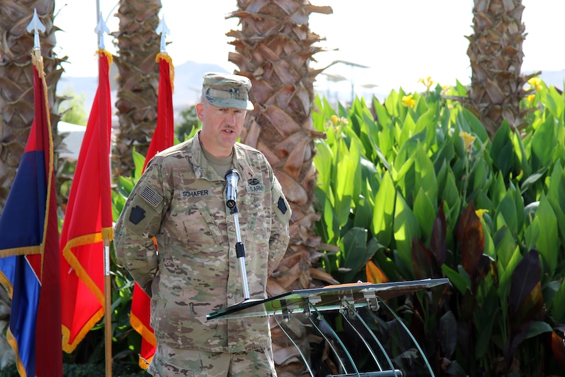 Maj. Gen. Andrew Schafer, commanding general of the 28th Infantry Division – whose headquarters battalion is serving as the division headquarters element of Task Force Spartan – speaks during the dedication ceremony for an expansion of the Jordan Armed Forces Joint Training Center Oct. 10, 2018. Schafer said the new center will give service members and partners the facilities needed to be successful as they train together on combat and border security skills.