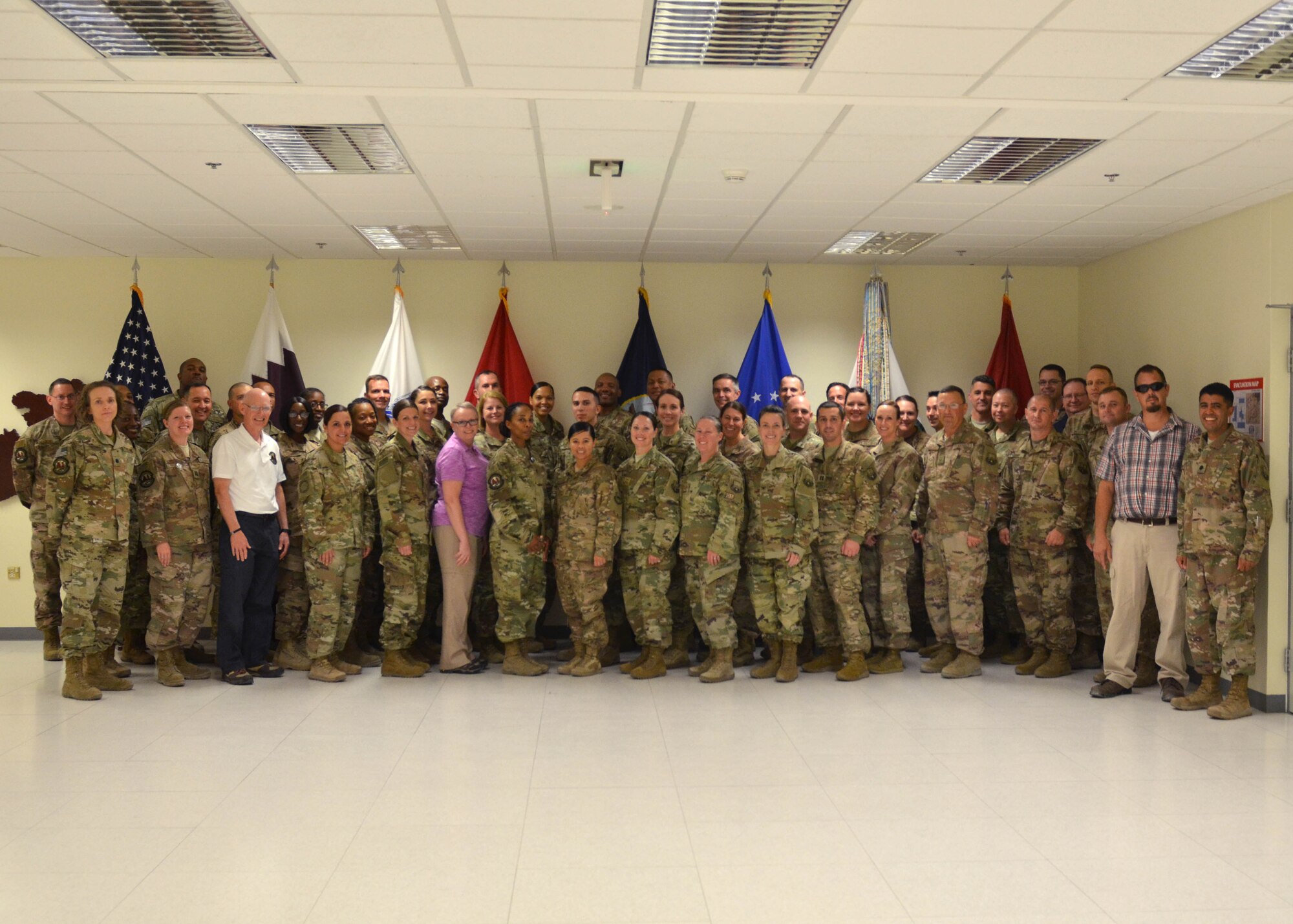 Airmen from U.S. Air Forces Central Command’s Manpower, Personnel, and Services (A1) gathered for the annual Expeditionary Force Support Squadron (EFSS) Leadership Conference Oct. 3-4, 2018, at Al Udeid Air Base, Qatar. (U.S. Air Force photo by Staff Sgt. Caitlin Conner)