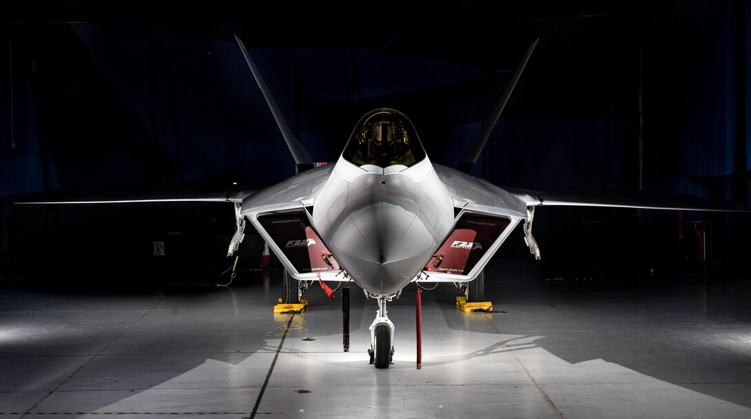 An F-22 Raptor from the 1st Fighter Wing is on display in the static display hanger at Joint Base Langley-Eustis, Virginia, Oct. 10, 2018. The F-22 Raptor is a fifth-generation fighter aircraft, providing a combination of stealth, supercruise, maneuverability and integrated avionics, representing a leap in warfighting capabilities.  (U.S. Air Force photo by Staff Sgt. Carlin Leslie/Released)