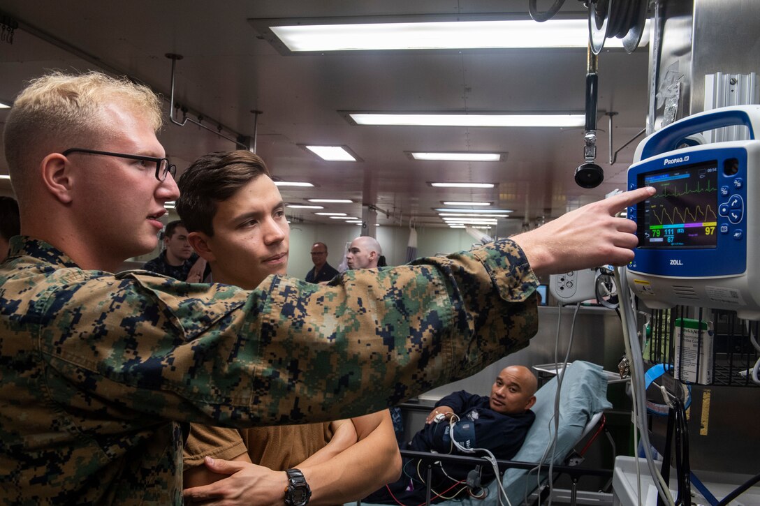 Sailors conduct mass casualty training aboard the hospital ship USNS Comfort.