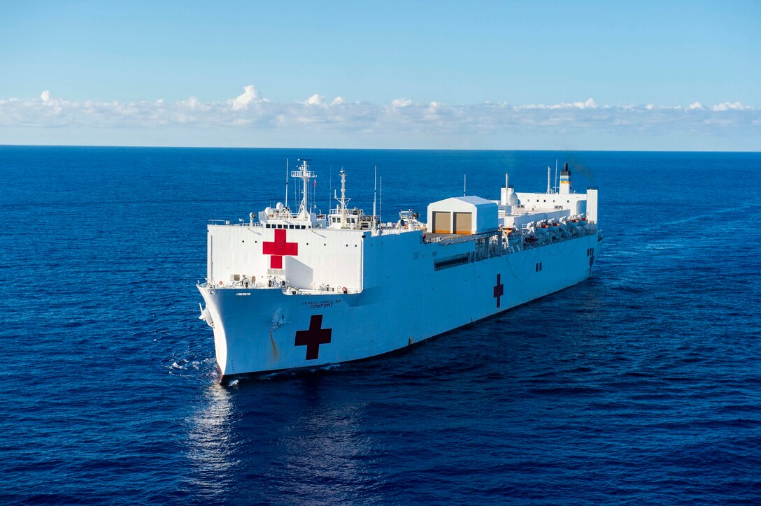 The hospital ship USNS Comfort transits south on an 11-week medical support mission to Central and South America.