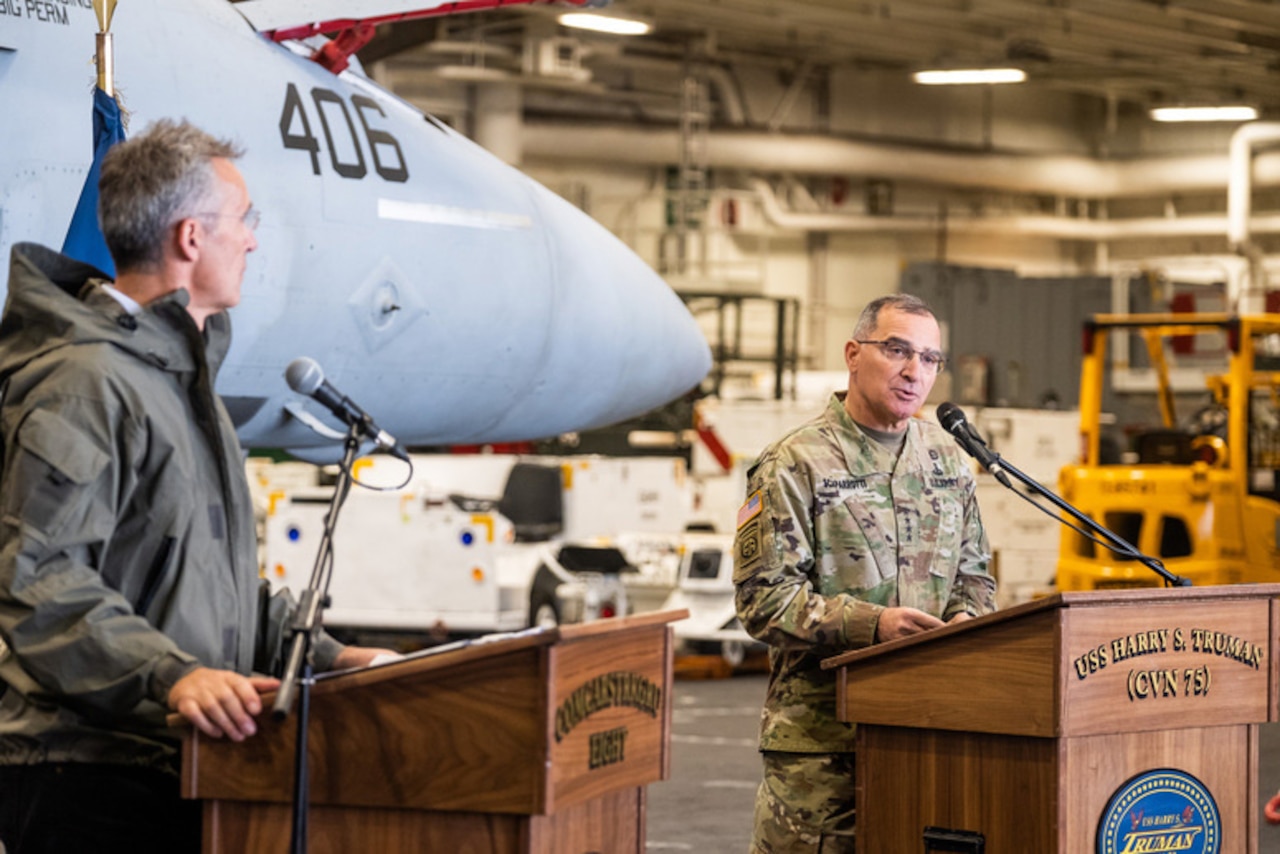 NATO Secretary General Jens Stoltenberg, left, with Army Gen. General Curtis M. Scaparrotti, Supreme Allied Commander Europe and commander of U.S. European Command, attend a joint press conference aboard the aircraft carrier USS Harry S. Truman in the North Sea, Oct. 12, 2018. NATO photo