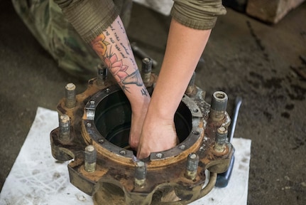 U.S. Army Spc. Savannah Padilla, a 135th Forward Support Company, 188th Brigade Support Battalion multiple launch rocket system repair mechanic, replaces a seal on a wheel hub of a M142 High Mobility Artillery Rocket System(HIMARS) during Red Flag-Alaska 19-1 at Joint Base Elmendorf-Richardson, Alaska, Oct. 11, 2018. Their unit was tasked to provide long-range artillery support for RF-A exercising interoperability with U.S. Air Force units to showcase their capabilities and develop a relationship with the other services.