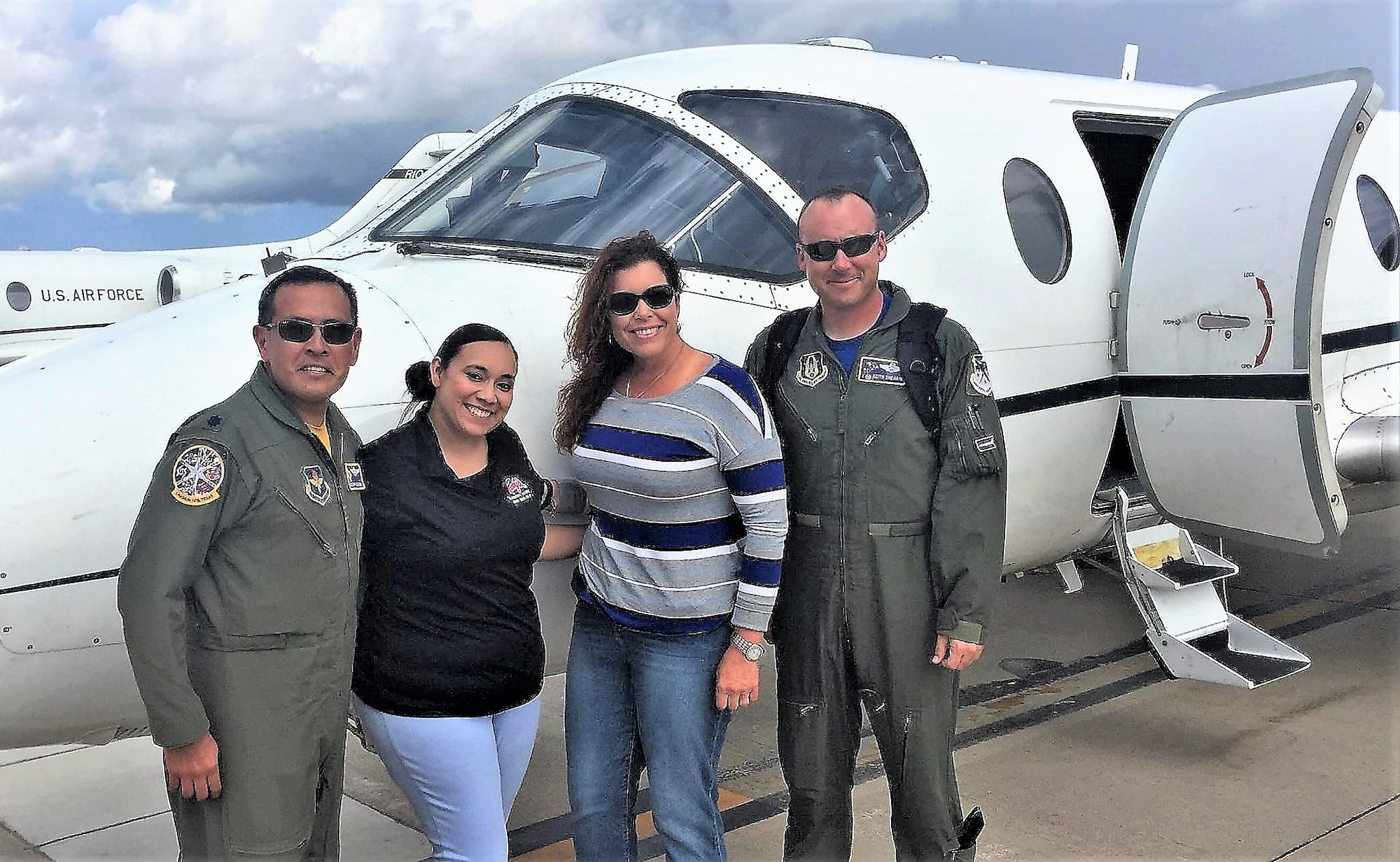 (Left to right) Lt. Col. Arthur Alcantara, 47th Operations Group deputy commander, Laughlin Air Force Base, Del Rio, Texas;  Nanca Rodriguez, 86th Flying Training Squadron honorary commander; 96th Flying Training Squadron honorary commander Emily Cooper; and Lt. Col. Keith Shearin, 96th FTS commander pose for a photo after their honorary commander orientation flight. The honorary commander program helps strengthen relationships between bases and local civic leaders.

The 96th FTS is part of the 340th Flying Training Group and is the Reserve associate to the 47th Flying Training Wing. The squadron supplements the wing’s four active flying squadrons by conducting training in the T-6 Texan II, T-1A Jayhawk, and T-38C Talon portions of Specialized Undergraduate Pilot Training and Introduction to Fighter Fundamentals Course.

The 96th FTS is one of the most highly decorated units with 13 World War II campaign ribbons for service in Tunisia, Sicily, Naples-Foggia, Rome-Arno, Normandy, Northern France, Southern France, North Apennines, Rhineland, Central Europe, Po Valley, Air Offensive, Europe, and Air Combat, European-African Middle Eastern Campaign. The 96th FTS was also awarded three Distinguished Unit Citations and three Air Force Outstanding Unit Awards.
