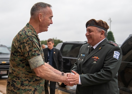 Chairman of the Joint Chiefs of Staff Gen. Joe Dunford greets his Israeli counterpart, Chief of the Israeli General Staff Lt. Gen. Gadi Eisenkot, ahead of a meeting in the Pentagon, Oct. 15, 2018.