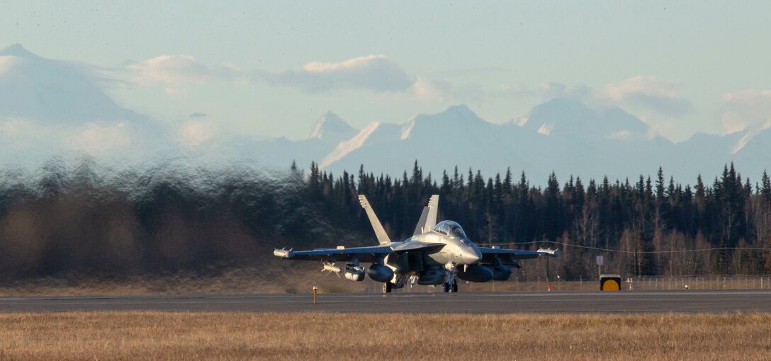 A U. S. Navy EA-18G Growler prepares for flight during Red Flag-Alaska (RF-A) 19-1 at Eielson Air Force Base, Alaska, Oct. 8, 2018. Red Flag is a series of U.S. Pacific Air Force commander-directed field training exercise for U.S. and coalition forces to provide a realistic joint offensive counter-air, interdiction, close air support and large-force employment training in a simulated combat environment. (U.S. Marine Corps photo by Sergeant Maria A. Noyola)