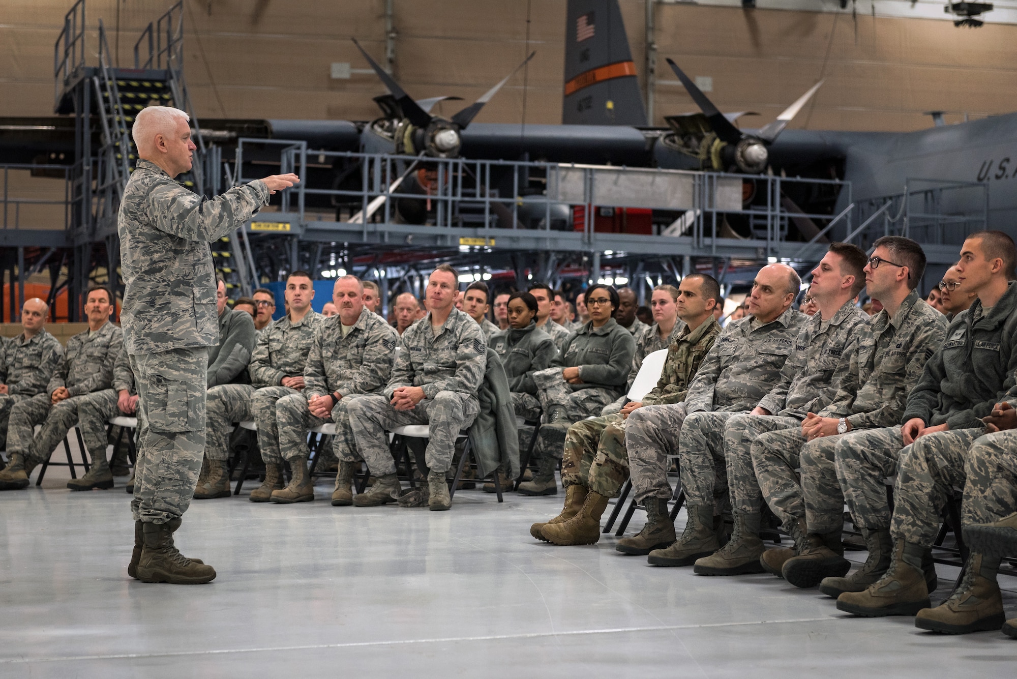 U.S. Air Force Lt. Gen. L. Scott Rice, the director of the Air National Guard, speaks with Airmen during a visit to the 182nd Airlift Wing in Peoria, Ill., Oct. 14, 2018.