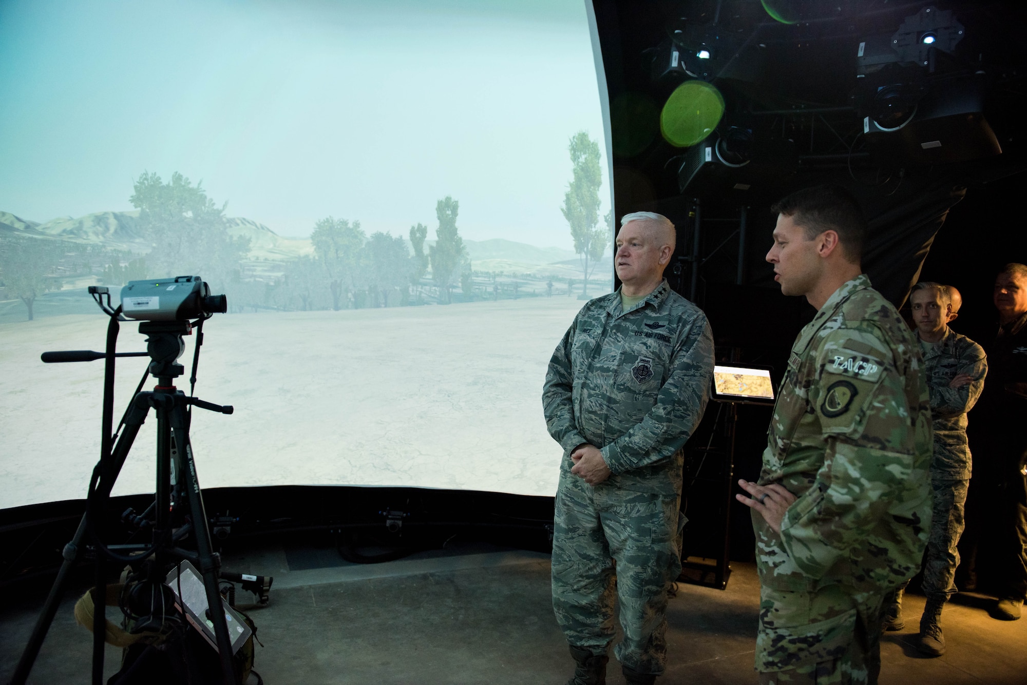 U.S. Air Force Lt. Gen. L. Scott Rice, Director of the Air National Guard, take a tour of the training simulator used by TACPs in the 169th ASOS, Peoria, Ill., October 14, 2018